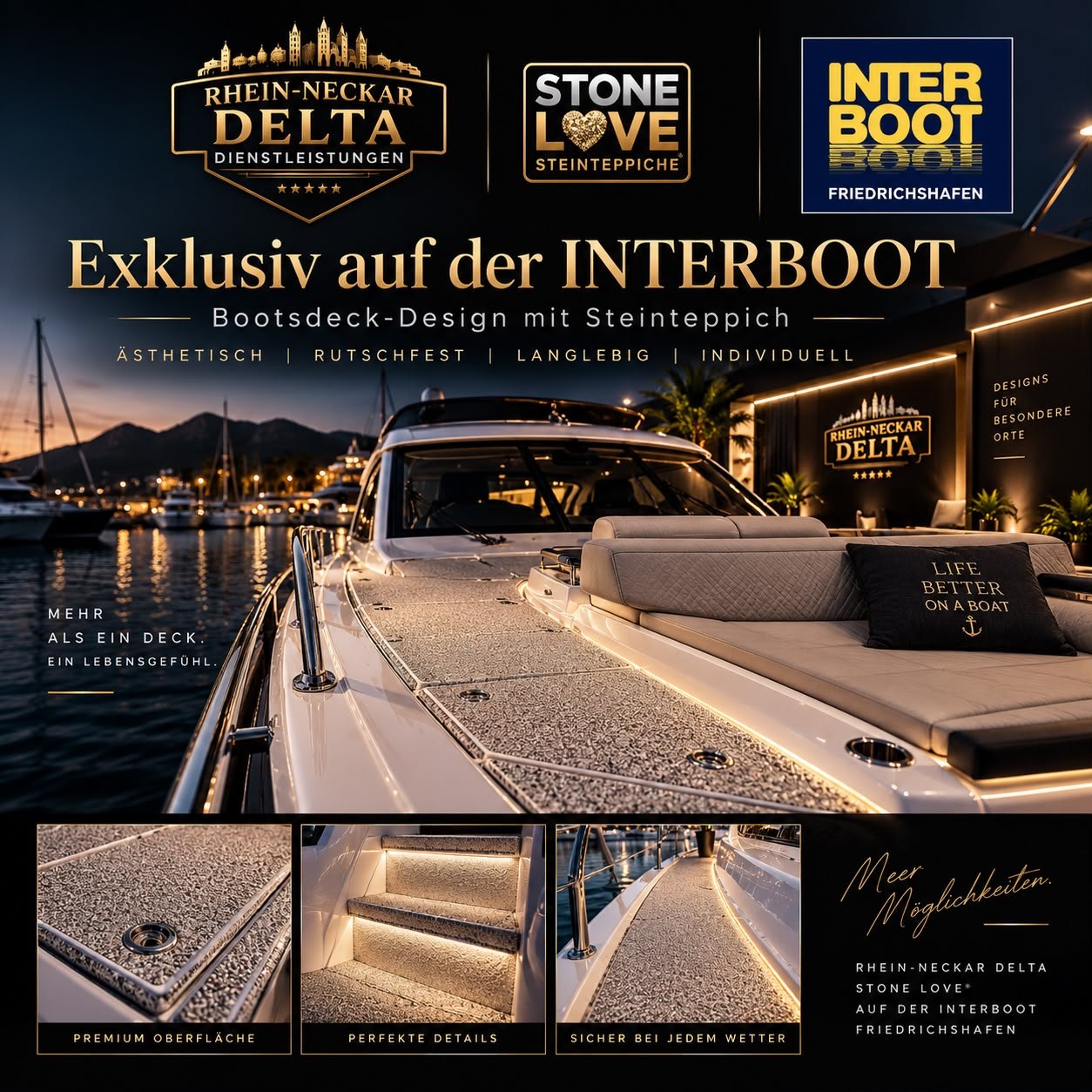 Bootsdeck-Design mit Steinteppich – STONE LOVE® exklusiv auf der INTERBOOT Friedrichshafen